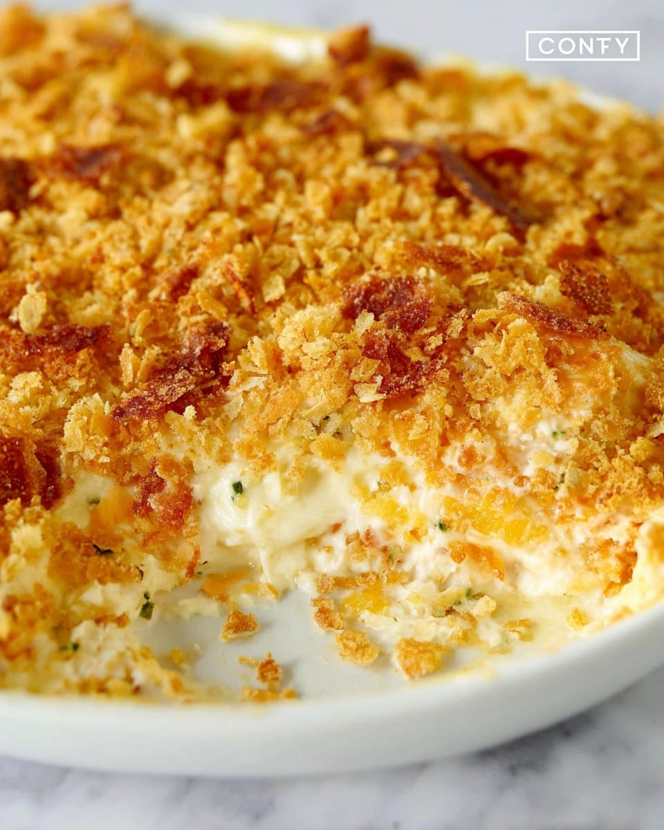 A close-up view of a creamy casserole dish in a white plate, showing one scoop removed to reveal inside layers. The top layer is golden and crispy, made of crunchy, light brown crumbs with scattered darker brown bits. Below it, a thick creamy layer of light yellow and white cheese mixed with small green and orange specks is visible, giving a soft and smooth texture. The white plate rests on a white marbled surface, creating a clean and bright look. Photo taken with an iphone --ar 4:5 --v 7