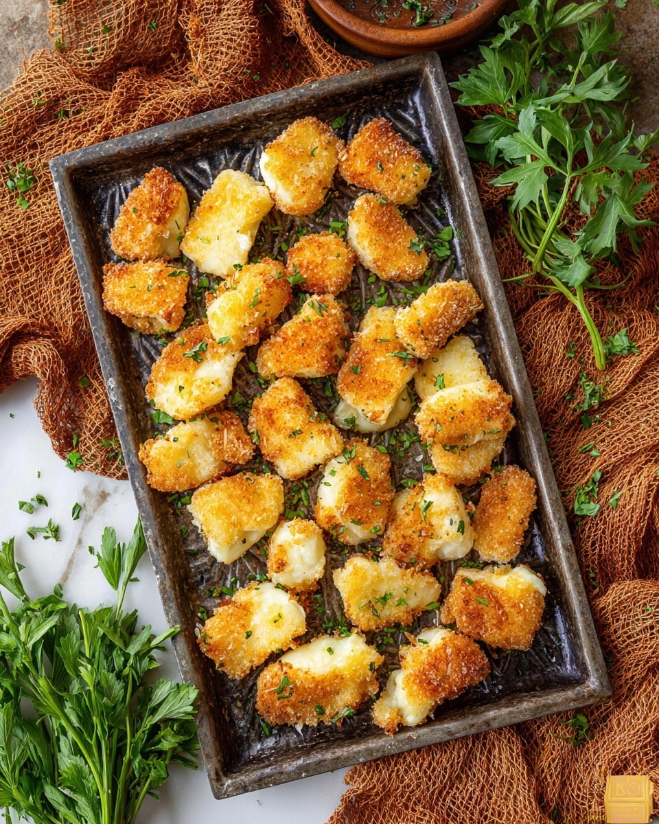 The image shows a dark metal tray filled with many small, irregular pieces of golden brown fried cheese, each piece lightly browned and crispy on the outside with a soft white inside. The cheese pieces are scattered evenly across the tray and sprinkled with chopped green herbs, adding fresh color. To the side of the tray, there are fresh green herbs placed on a white marbled surface with rustic brown textured fabric nearby, creating a warm and cozy setting. Photo taken with an iphone --ar 4:5 --v 7