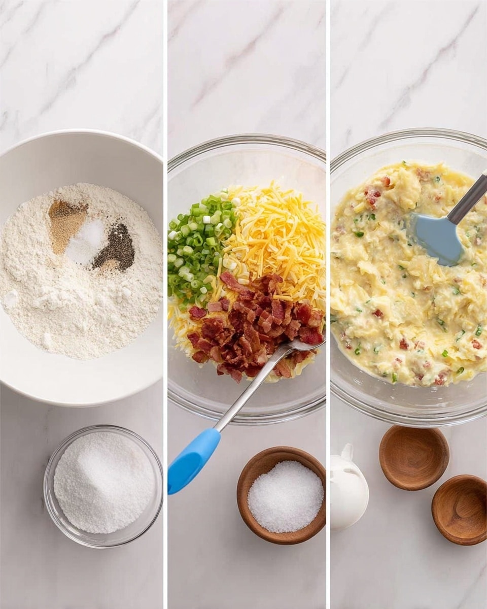 Three side-by-side images show stages of making a dish on a white marbled surface. The first image features a white bowl with dry ingredients including flour, black pepper, and salt. The second image shows a glass bowl filled with shredded yellow cheese, chopped bacon, sliced green onions, an egg, and dry ingredients ready to mix, with a blue spatula and salt in small wooden bowls nearby. The third image displays the mixed ingredients in the glass bowl as a thick, creamy, pale yellow batter with bits of cheese, bacon, and green onions evenly distributed. Photo taken with an iphone --ar 4:5 --v 7