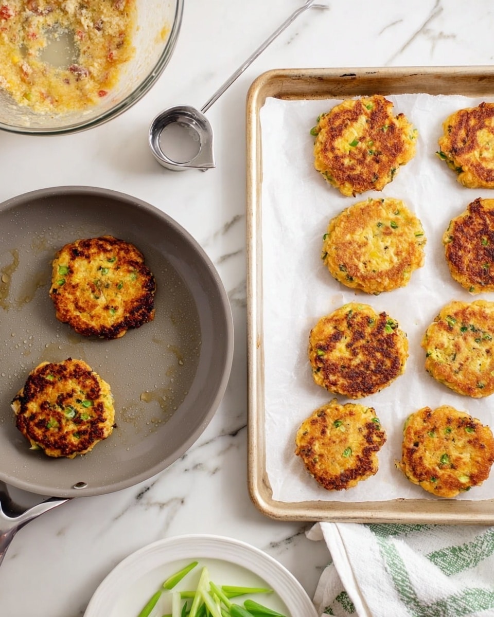 The image shows two scenes side by side on a white marbled surface. On the left, there is a gray pan with three small golden brown patties cooking, each patty showing bits of green and light orange inside. Above the pan, a clear glass bowl holds a mix of batter with visible pieces of vegetables, next to a metal measuring cup. On the right, a silver baking tray lined with white baking paper holds six golden brown patties with a crispy texture and small green specks, placed in two rows of three. A white plate with some green sliced vegetables is partly visible at the bottom right, and a white towel with green stripes is also on the surface nearby. photo taken with an iphone --ar 4:5 --v 7
