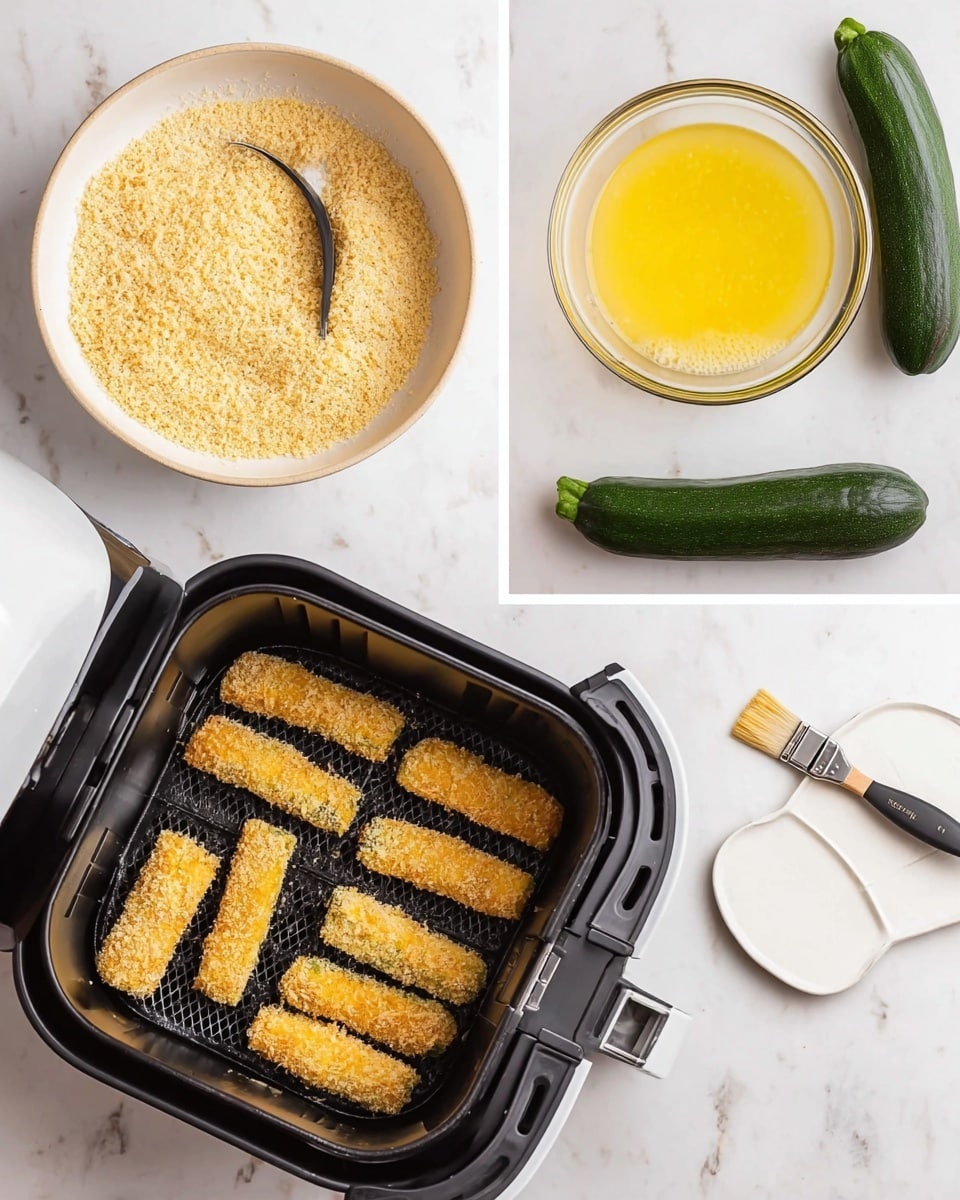 The image shows two parts: on the left, an arrangement for making fried zucchini sticks, and on the right, the cooking process in an air fryer. On the left side, there is a top view of a white bowl filled with light golden bread crumbs near the center top. Below it, a clear glass bowl holds a yellow beaten egg mixture with a spoon inside. Two whole zucchini, dark green and smooth, are placed vertically on the right side. A small white square dish with a white brush beside it is at the bottom right. A white air fryer basket with several breaded zucchini sticks is at the bottom left. The right side shows a close-up top view of the black basket inside the air fryer with a single layer of golden breaded zucchini sticks arranged evenly. The background is a white marbled texture. photo taken with an iphone --ar 4:5 --v 7