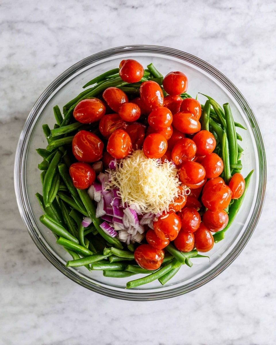 A clear glass bowl is placed on a white marbled surface, filled with fresh, cut green beans forming the base layer, displaying a smooth and firm texture. On top of the green beans, halved bright red cherry tomatoes create a vibrant second layer, showing shiny skins and juicy interiors. Scattered among the tomatoes and green beans are thin slices of purple-red onion, adding a subtle contrast of color and texture. A small mound of fine, pale yellow grated cheese is sprinkled on one side above the vegetables. The photo is taken from above, capturing the freshness and arrangement clearly, photo taken with an iphone --ar 4:5 --v 7
