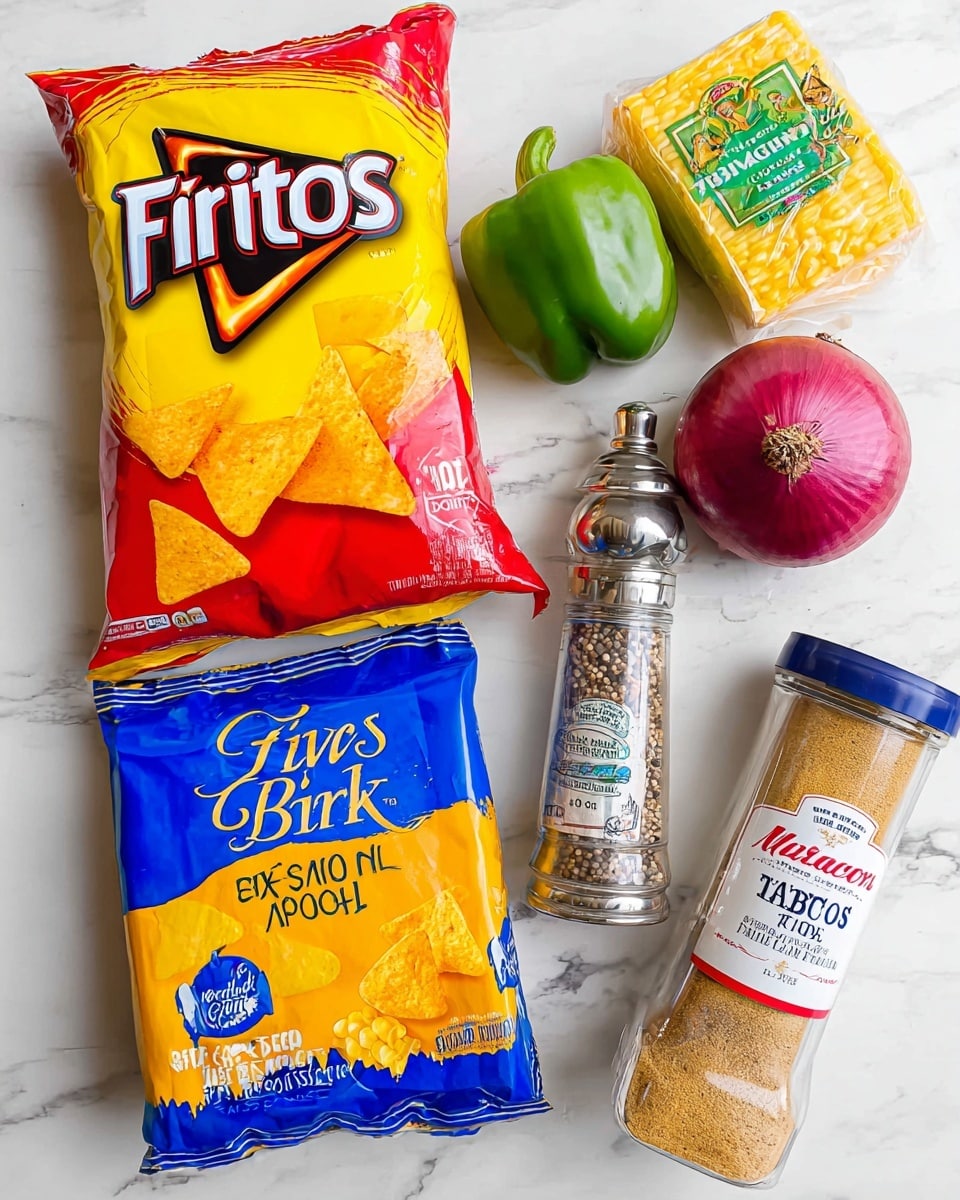 The image shows seven ingredients placed on a white marbled surface: a large yellow and red bag of Fritos corn chips on the top left, a green bell pepper to its right, a yellow and green wrapped block of sharp cheddar cheese above the pepper, a whole red onion on the top right, a jar of Hellmann's real mayonnaise below the Fritos bag, a blue and yellow bag of Birds Eye super sweet corn below the bell pepper, a clear pepper grinder filled with mixed peppercorns below the mayonnaise, and a tall clear container of McCormick taco seasoning mix tilted diagonally on the bottom right. All items are neatly arranged and clearly visible photo taken with an iphone --ar 4:5 --v 7