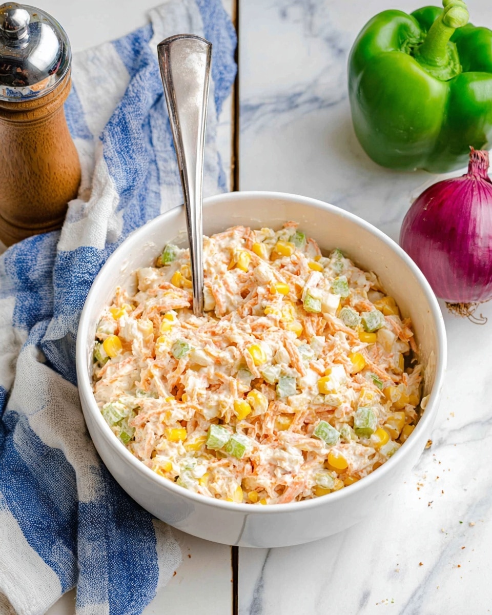 A white bowl filled with a creamy mixture consisting of shredded orange and white pieces, small green cubes, and yellow corn kernels. The mixture looks thick and well mixed, with a silver spoon resting on the right side inside the bowl. The bowl is on a white marbled surface with a blue and white striped cloth to the left, a shiny pepper grinder below, a whole green bell pepper above, and a whole red onion to the right. The photo taken with an iphone --ar 4:5 --v 7