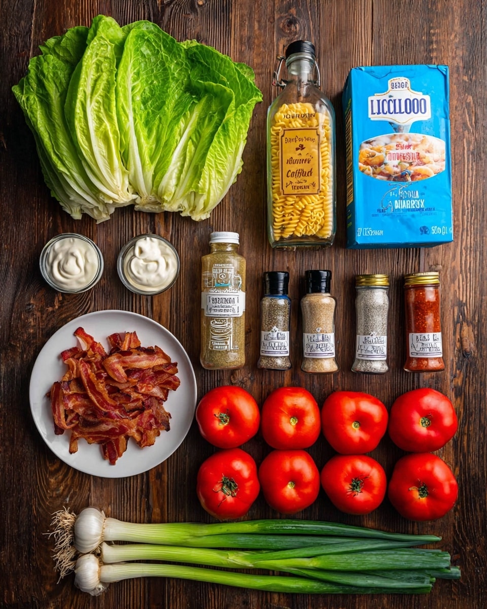 The image shows raw ingredients neatly arranged on a dark wooden surface that will be changed to a white marbled texture. At the top center, there is a fresh, green romaine lettuce with crisp leaves. To the left are containers of mayo and sour cream, both white in color, placed above a white plate filled with several strips of crispy cooked bacon. In the center, there is a large clear bottle of apple cider vinegar next to a bright blue box of Cavatappi pasta. To the right, there are three spice containers in vertical order: onion powder, dill weed, and a black pepper grinder. Below the vinegar and pasta are three seasoning bottles: celery salt, garlic powder, and smoked paprika. At the bottom right, four red tomatoes are lined up evenly. Finally, at the very bottom of the image, four fresh green onions are laid horizontally with the white bulb ends facing right. Photo taken with an iphone --ar 4:5 --v 7