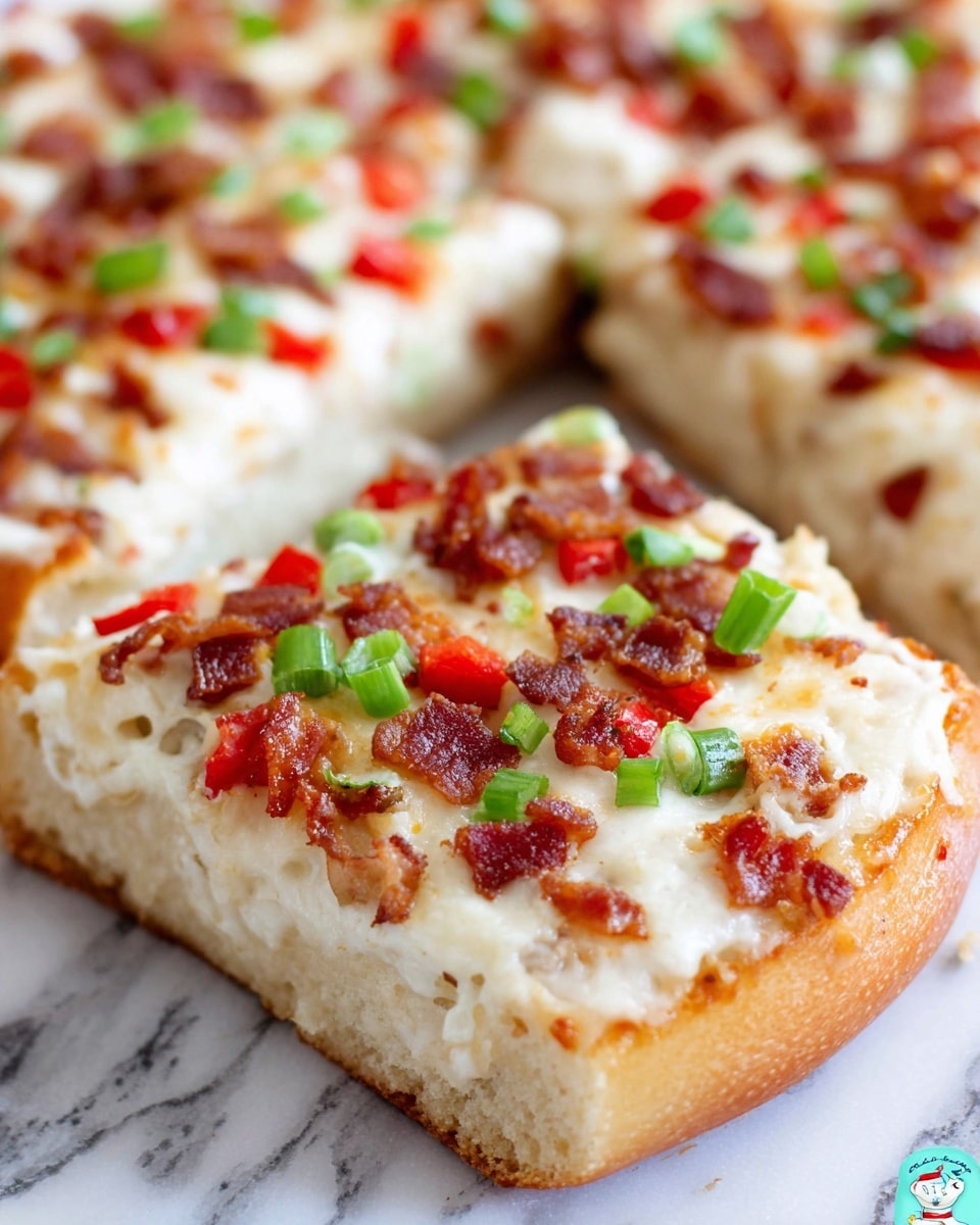 This image shows two pieces of flatbread on a baking tray lined with shiny aluminum foil. Each flatbread has three clear layers: the bottom crust is light golden and soft, the middle layer is a spread of white creamy cheese, and the top layer is scattered small chunks of red tomato mixed with white crumbly cheese. The pieces are oval-shaped with rounded edges, and the background shows a white marbled surface with a blue and white striped cloth partially visible at the top right corner. Photo taken with an iphone --ar 4:5 --v 7