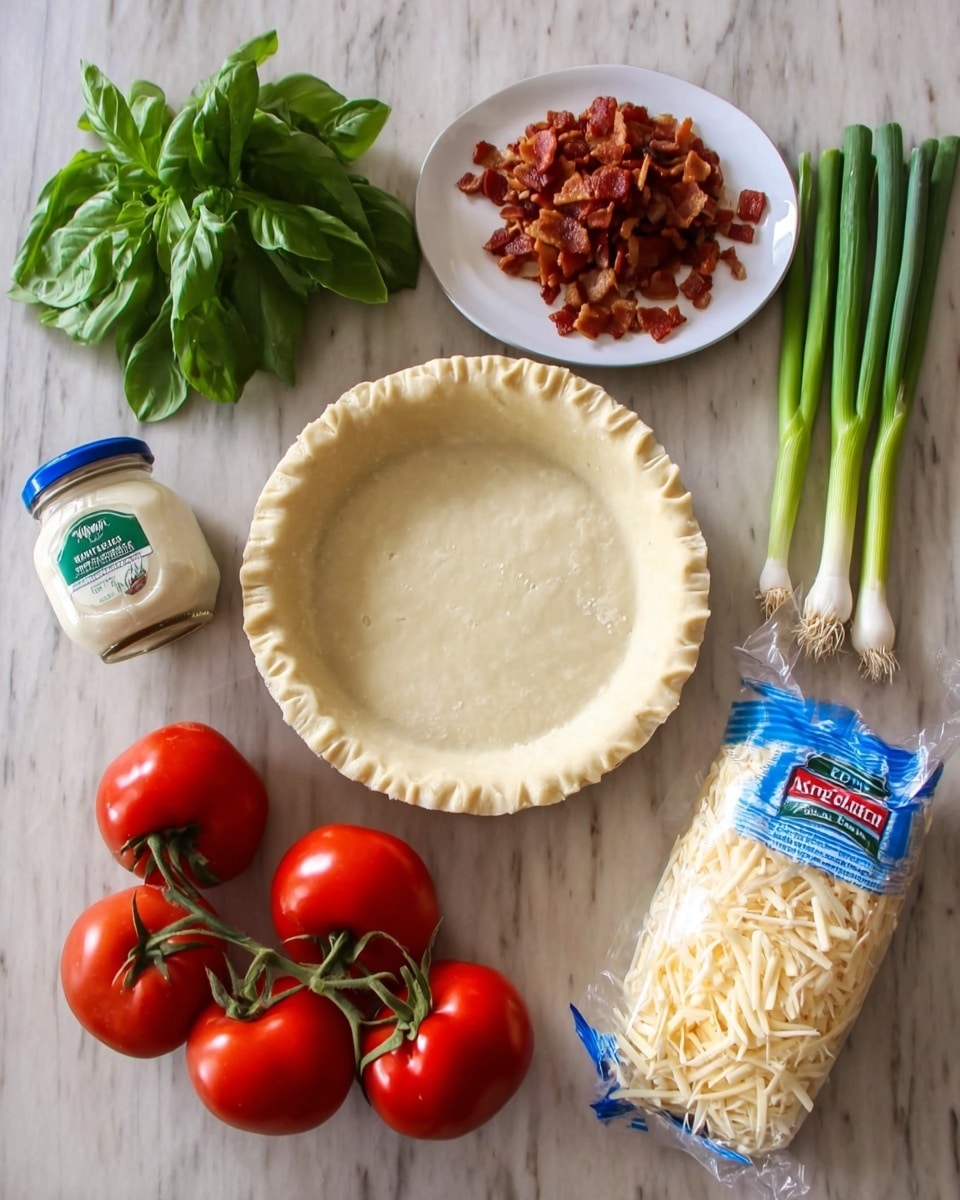 The image shows a top view of cooking ingredients laid out on a white marbled surface: a plain pie crust placed near the bottom left, a white plate with chopped cooked bacon pieces at the top left, a bunch of fresh green basil leaves next to three green onions with white bulbs on the right side of the pie crust, three red tomatoes on the vine below the basil, a jar of mayonnaise with a blue lid above the green onions, and a blue and white bag of shredded Mexican cheese placed to the right near the mayonnaise jar photo taken with an iphone --ar 4:5 --v 7