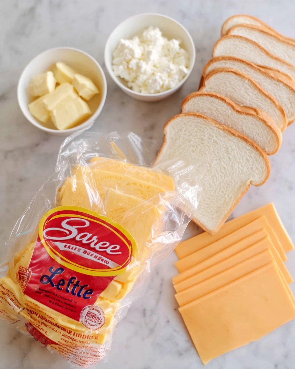 A pack of Sara Lee butter bread is in the middle, partially opened showing soft yellow slices inside the clear plastic bag with the red and yellow label. To the right are two neat rows of cheese slices in pale orange and a row of white bread slices behind them. On the left side, there are two small white bowls, one filled with pale yellow butter and the other with creamy cottage cheese. Everything is placed on a white marbled surface. Photo taken with an iphone --ar 4:5 --v 7