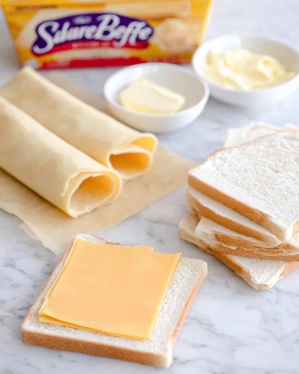 The image shows a simple cheese roll-up preparation with a slice of pale yellow cheddar cheese laid flat on a piece of white sandwich bread with its crusts removed, positioned in the foreground. Behind it, there are two rolled-up pieces of the same crustless bread, one containing a slice of cheddar cheese rolled inside and the other rolled plain. To the right side, there is a neat stack of several more crustless bread slices. In the background, there are two small white bowls, one filled with butter and the other with a pale spread. A partially visible loaf of Sara Lee Butter Bread in its packaging stands upright behind the bowls and bread. The entire scene is set on a white marbled surface, giving a clean and fresh look. Photo taken with an iphone --ar 4:5 --v 7