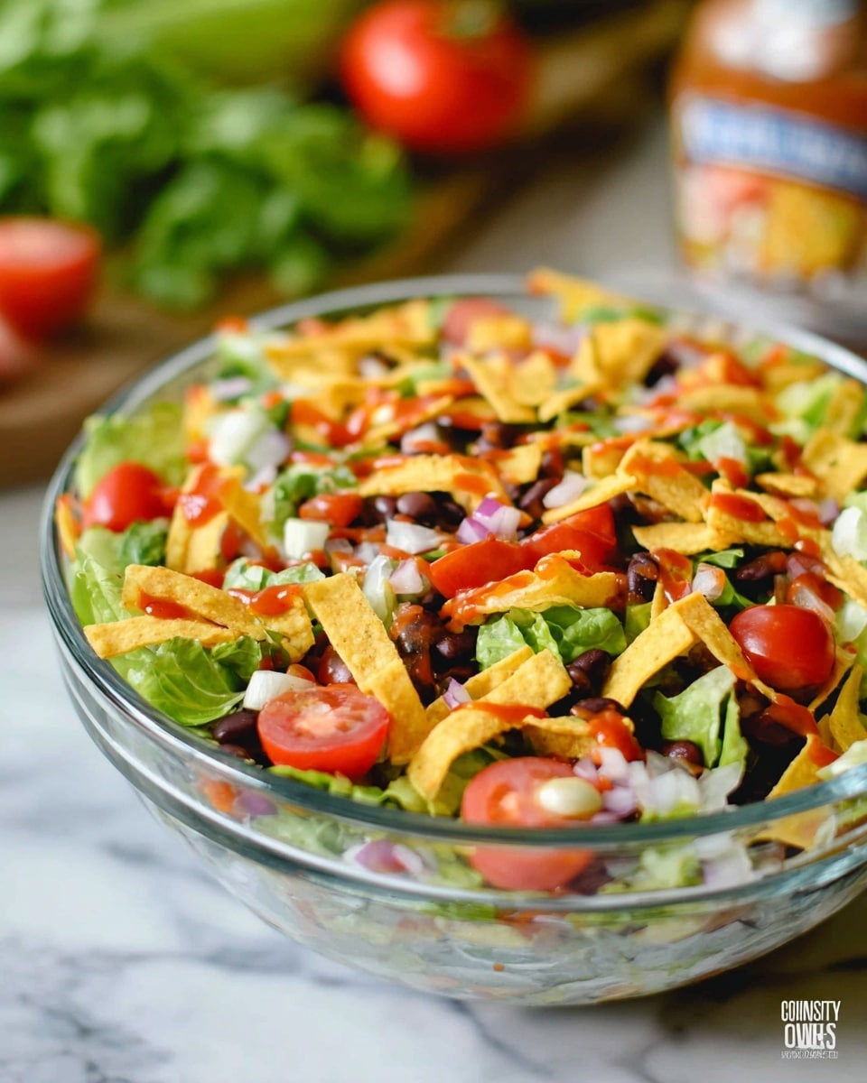 A clear glass bowl sits on a white marbled surface filled with a colorful layered salad. The bottom layer is fresh green lettuce, topped with thin yellow tortilla strips scattered across the salad. Bright red cherry tomato halves and black beans add contrasting pops of color. Small chunks of white onion, green bell pepper, and bits of diced tomato are fresh and evenly mixed in. The salad is lightly drizzled with a reddish sauce over the top, highlighting the mix of textures from crunchy to soft. In the blurred background, fresh greens and a bottle add depth to the scene. Photo taken with an iphone --ar 4:5 --v 7