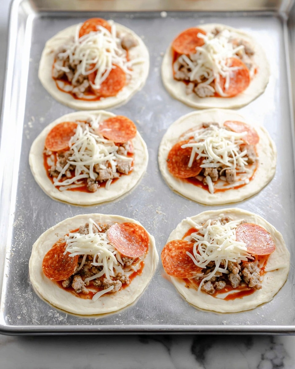 There are six round pieces of dough on a silver baking sheet, each acting as the base layer. Each dough circle is topped with a layer of red tomato sauce, followed by a small pile of white shredded cheese in the center. On top of the cheese, there are thin, bright orange slices of pepperoni and small chunks of cooked light brown meat scattered around. The arrangement is neat, with the toppings centered on each dough circle. The baking sheet rests on a white marbled surface. Photo taken with an iphone --ar 4:5 --v 7