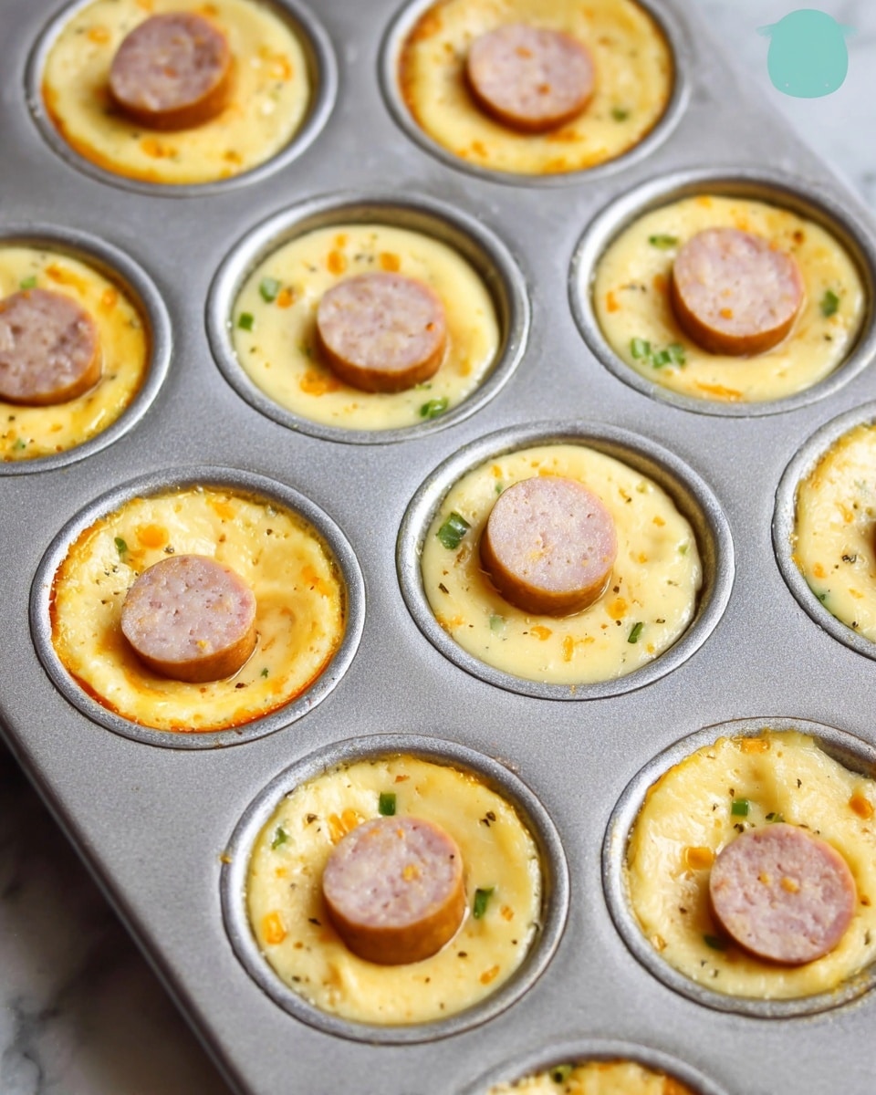 A close-up view of a metal muffin tray filled with twelve small round portions of light yellow batter with visible specks of seasoning. Each portion is topped with a single round slice of pale pink sausage with green and orange bits inside. The muffins have a smooth, creamy texture, while the sausage pieces add a firmer, slightly textured layer on top. The entire tray rests on a white marbled surface. photo taken with an iphone --ar 4:5 --v 7