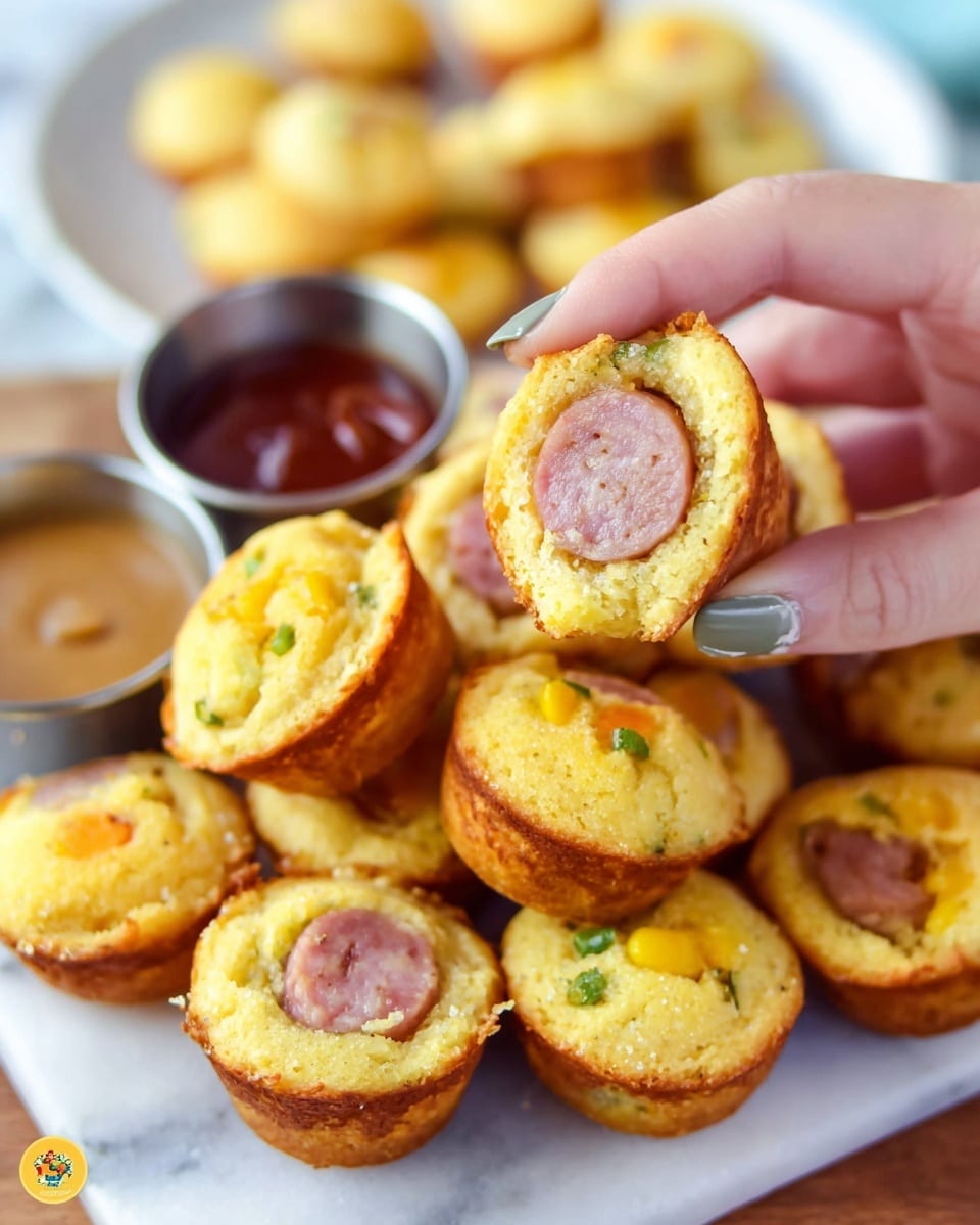 A woman's hand holds one mini cornbread muffin with a small sausage piece inside, showing the two layers: a golden-yellow cornbread outer layer with a slightly browned edge, and a light pink sausage center dotted with small yellow and green bits. Below and around it is a pile of similar mini muffins, all golden-yellow with light pink sausage centers, some with small orange and green bits. In the middle background, there are two small metal cups filled with sauces, one dark red and the other light tan, on a white marbled surface. Behind, there is a white plate with more mini muffins slightly out of focus. The overall look is warm and inviting. photo taken with an iphone --ar 4:5 --v 7