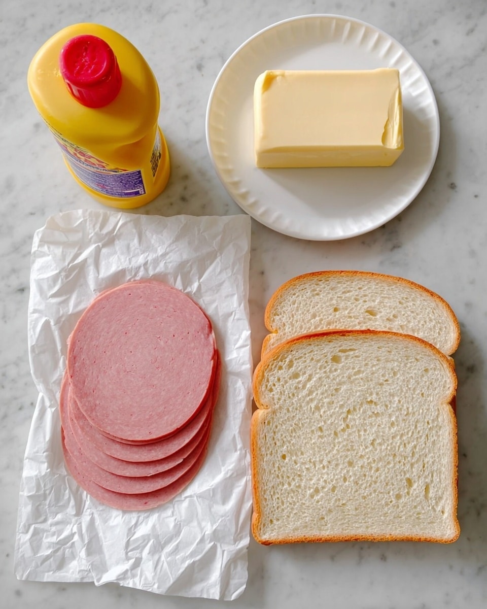 The image shows a simple arrangement of sandwich ingredients on a white marbled surface. On the far left is a yellow bottle of mustard, followed by a stack of six circular slices of pink processed meat placed on a piece of white wax paper. To the right is a white plate holding two slices of white bread, one stacked on the other, with a small rectangular stick of butter above the plate. Photo taken with an iphone --ar 4:5 --v 7