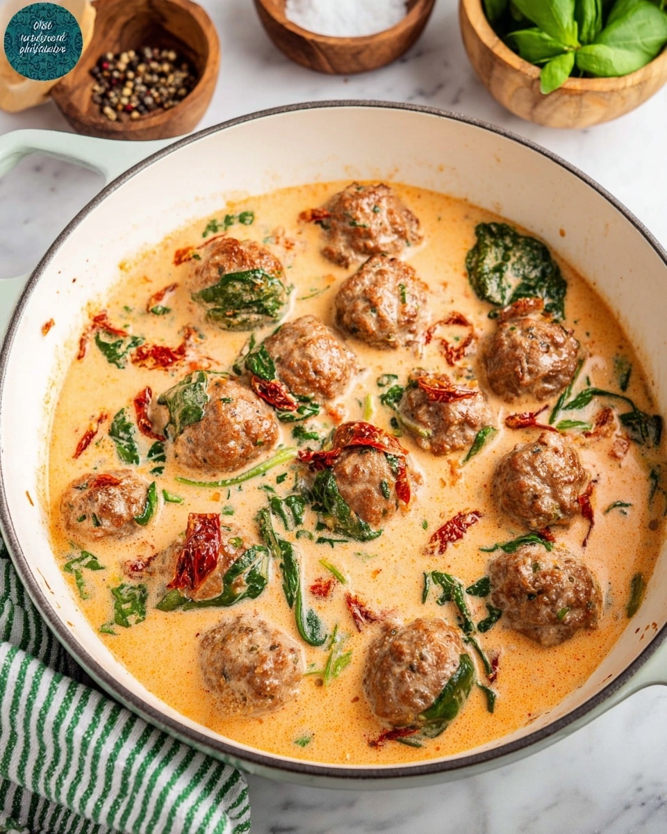 The image shows a white pan filled with about fifteen brown meatballs floating in a creamy light orange sauce. Scattered throughout the sauce are bright green spinach leaves and small pieces of dried red tomatoes, adding pops of color and texture. The pan is placed on a white marbled surface with a green and white striped cloth nearby. In the background, there are wooden bowls containing salt and mixed peppercorns, adding a rustic feel to the scene. Photo taken with an iphone --ar 4:5 --v 7