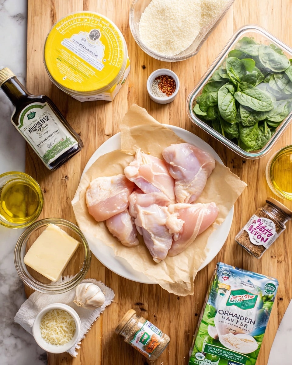 The image shows raw chicken pieces placed on light brown parchment paper on a white plate in the center bottom part of the frame. Surrounding the plate are various ingredients including a container of grated Parmesan cheese with a round light yellow lid above the chicken, a clear plastic box of baby spinach with green accents on the top right, and a carton of organic chicken broth at the bottom right corner. There are also small jars of Italian seasoning, crushed red pepper, onion powder, and garlic powder scattered around the chicken. A small glass container with olive oil, a dish with butter, shredded garlic on a flat grater, and salt and pepper in a small glass bowl complete the arrangement. All items are set on a wooden surface that is changed to a white marbled texture. photo taken with an iphone --ar 4:5 --v 7
