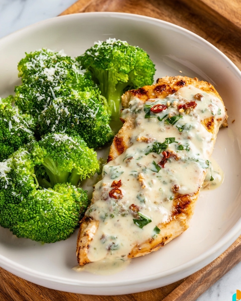 The image shows a white plate with two main layers: on the left side, bright green broccoli florets with a fresh, slightly textured surface, some lightly sprinkled with white cheese. On the right side, there is a grilled piece of chicken with a golden-brown, slightly charred look, topped with a creamy white sauce that includes visible pieces of green herbs and small red chili flakes. The plate is set on a wooden surface, but the background is changed to a white marbled texture. photo taken with an iphone --ar 4:5 --v 7