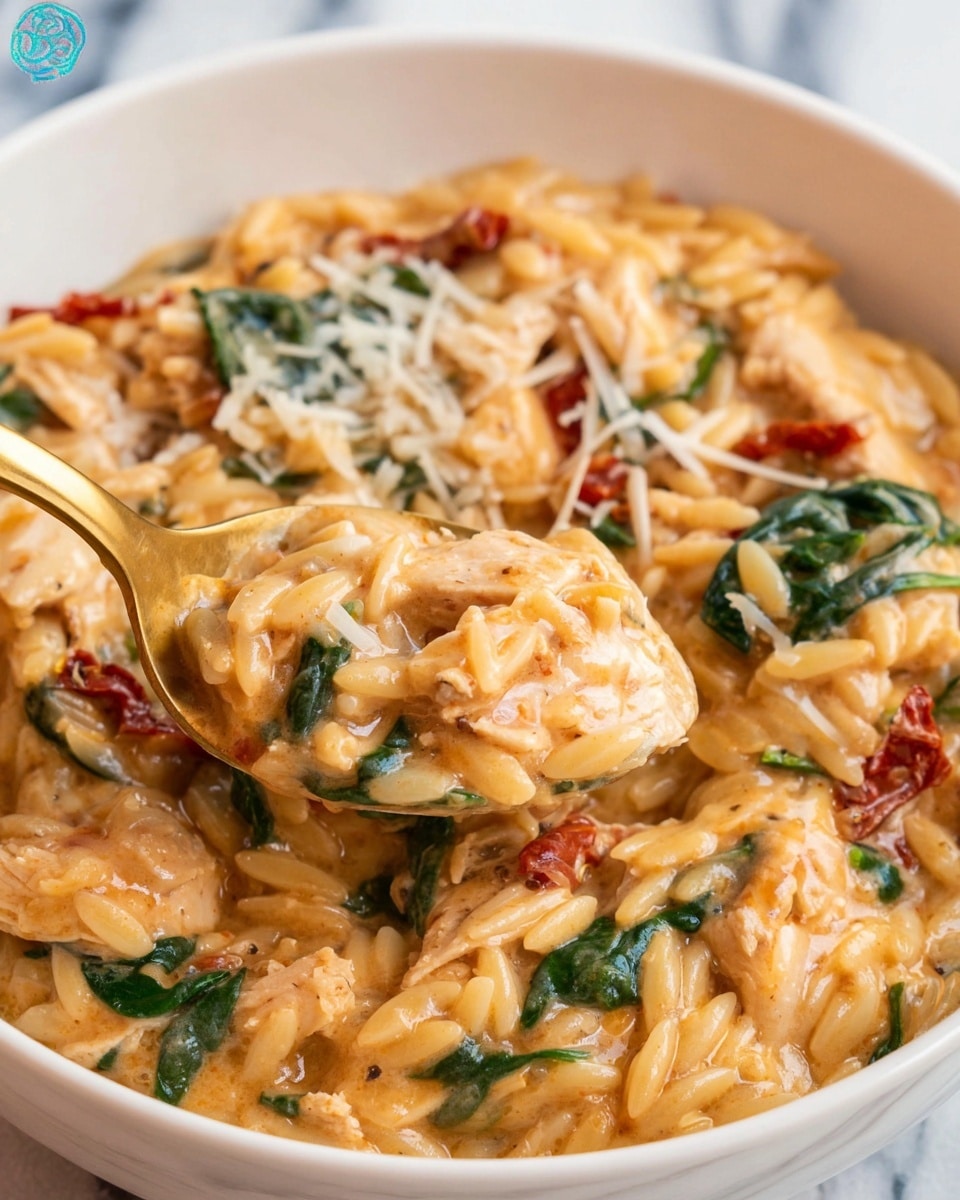 A close-up view of a creamy dish served in a white bowl filled with three main layers: the bottom layer is tender pieces of light brown chicken evenly spread, the middle layer has small, slightly curved orzo pasta coated in a thick, creamy sauce with a warm orange tint, and the top layer shows wilted dark green spinach leaves and small bits of red sun-dried tomatoes, all mixed together and sprinkled with grated white cheese. A gold spoon scoops a portion revealing the thick creamy texture of the sauce that covers all ingredients. The bowl sits on a white marbled surface. photo taken with an iphone --ar 4:5 --v 7