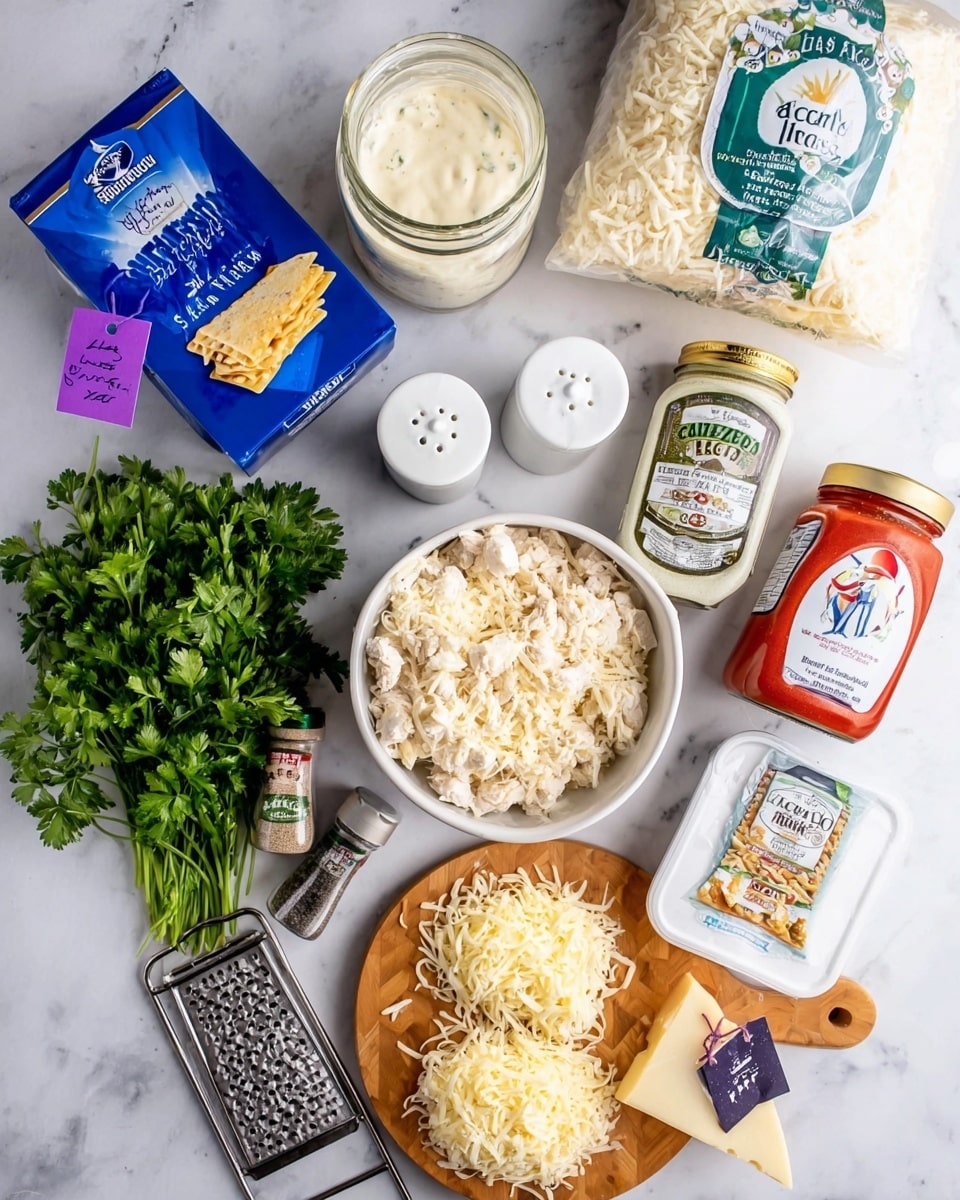 A flat lay of lasagna ingredients arranged on a white marbled table: a blue box of oven-ready lasagna in the top left, a white jar of garlic alfredo sauce below it, a white bowl filled with shredded cooked chicken near the center, and a white bag of shredded mozzarella cheese in the top right. Next to the bowl are white salt and pepper shakers, a container of Italian seasoning, a bottle of garlic powder, and a red and white container of ricotta cheese. Fresh green Italian parsley with a purple tag is placed on the left side, along with a metal grater resting on a round wooden board. On the wooden board, two piles of shredded mozzarella and parmesan cheese are visible, with a wedge of parmesan cheese wrapped in plastic placed beside them. Photo taken with an iphone --ar 4:5 --v 7