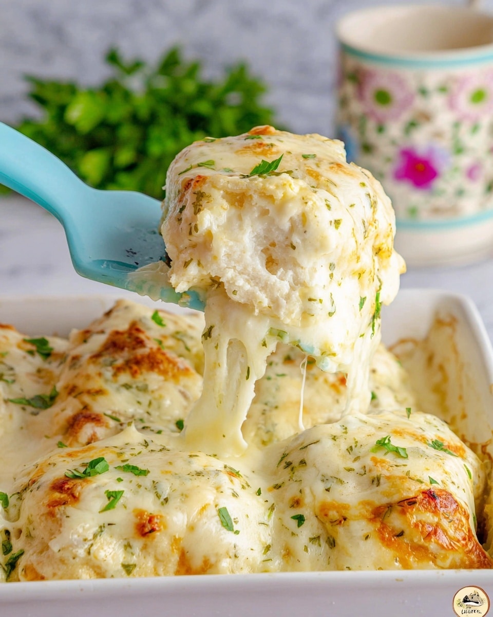 A white square baking dish filled with creamy baked rolls, each roll covered in a thick, melted light yellow cheese sauce with a smooth and slightly browned top layer. The inside layer is soft and coated with the same creamy cheese, stretching as a piece is lifted by a pale blue spatula from the dish. Small pieces of bright green herbs are sprinkled on top of the rolls. The background features a white marbled texture with blurred green leafy herbs and a floral-patterned cup. Photo taken with an iphone --ar 4:5 --v 7
