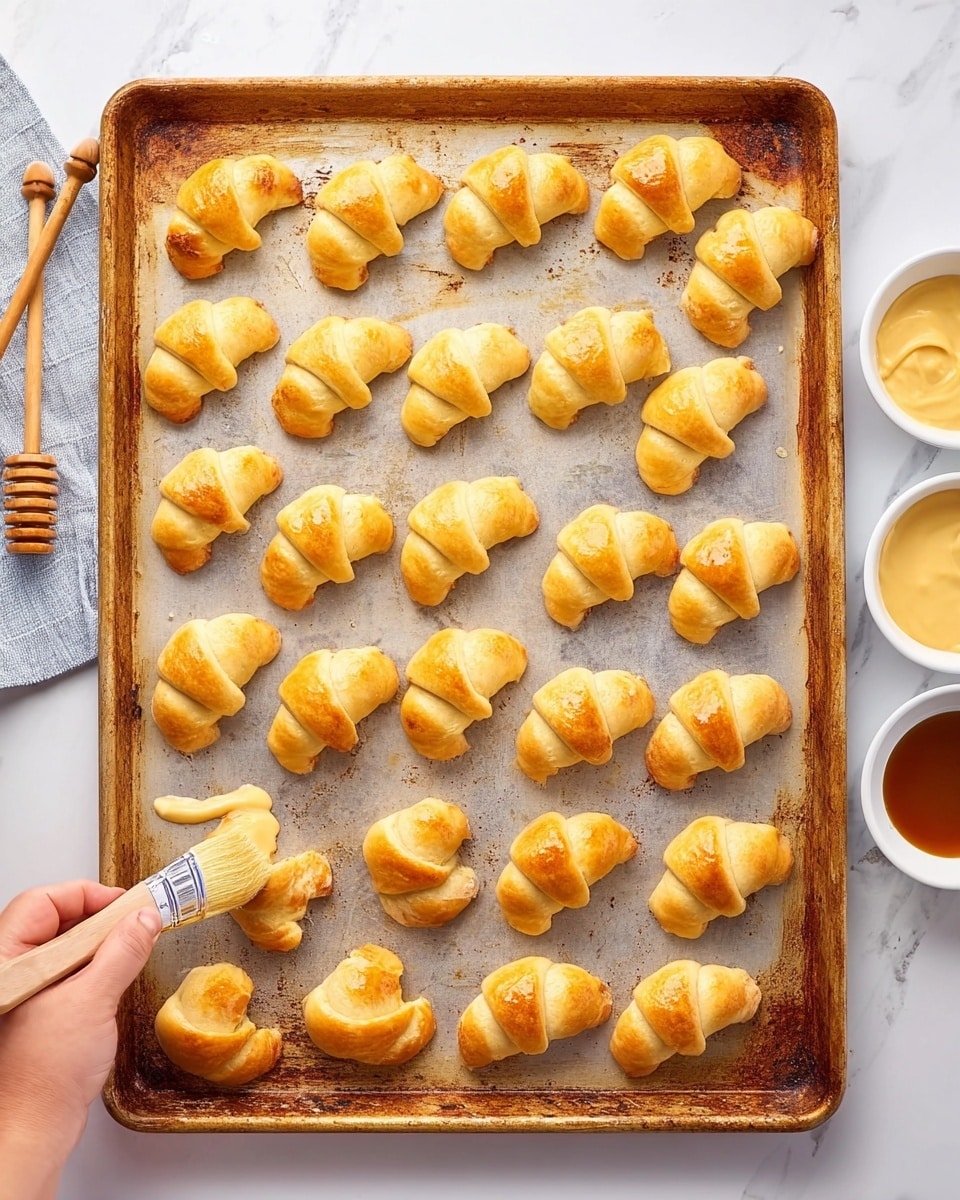 A large, worn baking sheet is covered with small, golden-brown crescent rolls arranged in neat rows. Each crescent roll has a soft, flaky texture with slightly darker, crisp edges and a light golden color in the middle. The background is a white marbled surface with a woman's hand holding a pastry brush applying a glaze to one of the rolls on the left side. On the right side, a honey dipper and two small white bowls with creamy yellow and dark brown sauces are placed around the baking sheet. The scene looks bright and clean with natural light. Photo taken with an iphone --ar 4:5 --v 7