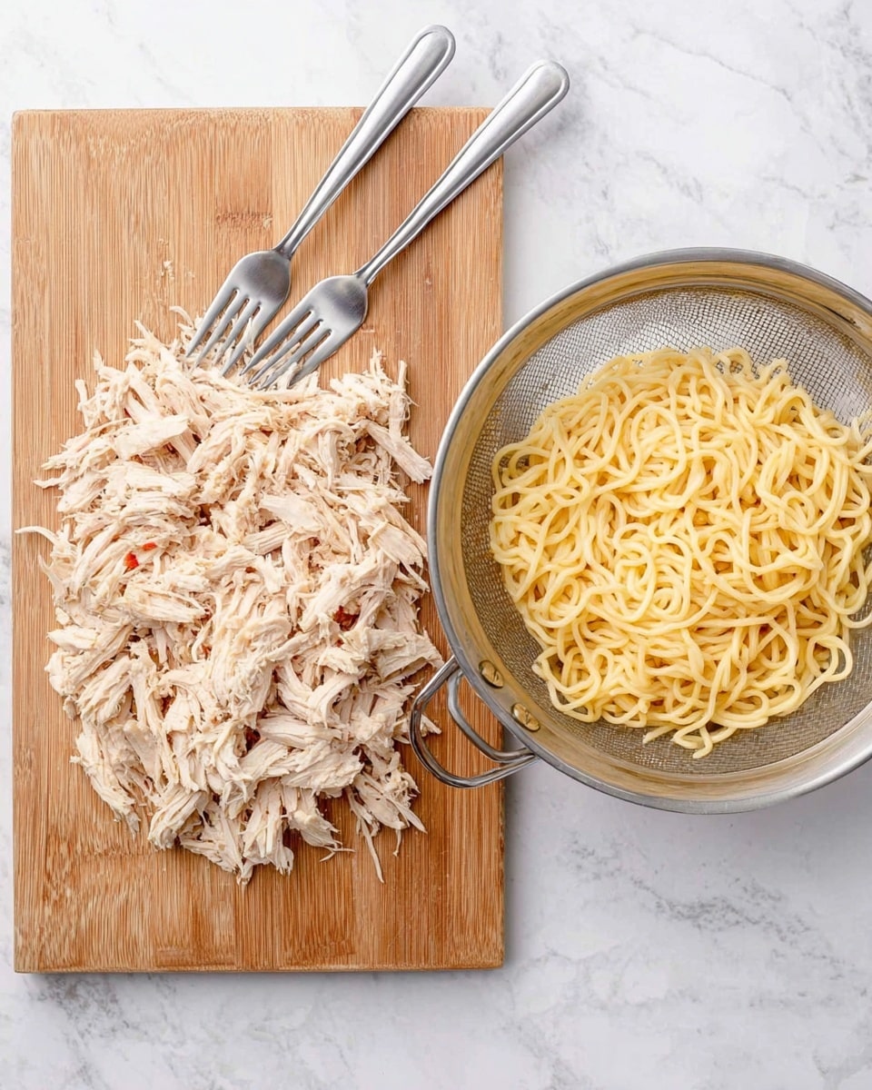 The image shows two parts: on the left, shredded cooked chicken in light beige shades is spread on a natural wooden cutting board with a rough texture, with two metal forks resting on top, one at the top left and the other near the middle bottom; on the right, a round metal colander filled with plain cooked yellow spaghetti is placed on a white marbled surface, the spaghetti strands are thin and curly, filling the colander evenly. photo taken with an iphone --ar 4:5 --v 7