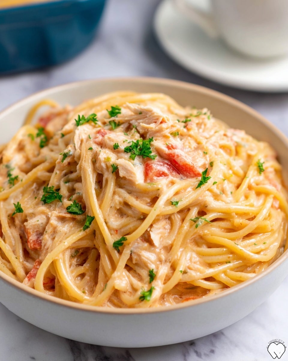 A close-up view of a bowl filled with creamy spaghetti pasta coated in a light orange sauce with small chunks of white meat and pieces of red tomato mixed throughout; the pasta is topped with small green parsley leaves sprinkled over the dish. The bowl is white and sits on a white marbled surface with a blurred background showing parts of a white cup and saucer. photo taken with an iphone --ar 4:5 --v 7