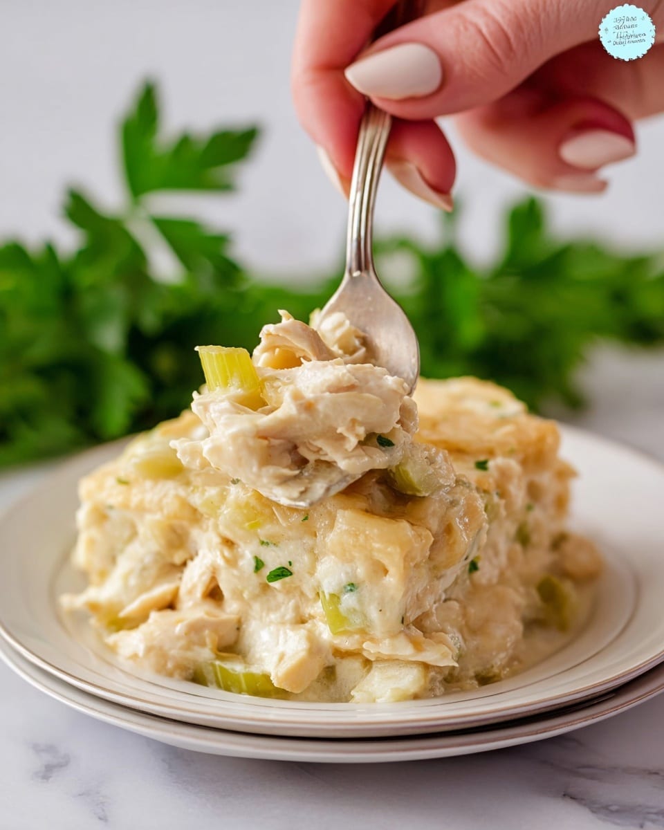 A white plate holds a creamy, pale yellow dish with soft, chunky layers of thick sauce mixed with small pieces of tender chicken and celery bits. The texture looks smooth and slightly lumpy from the sauce coating the layers. A woman's hand is holding a silver fork that is lifting a portion of the dish, showing the soft inside with light green celery and chicken pieces. The plate is set on a white marbled surface with green parsley leaves nearby. Photo taken with an iphone --ar 4:5 --v 7