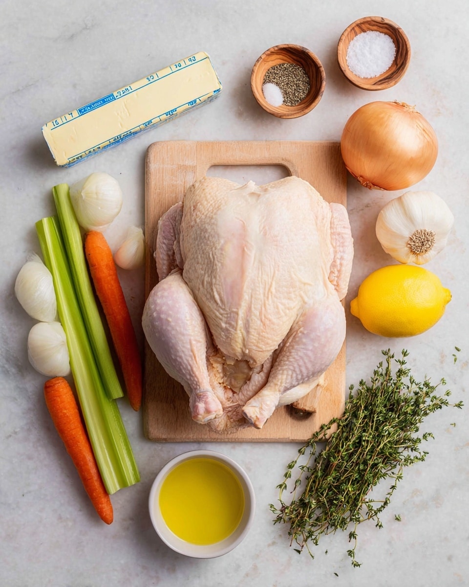 A whole raw chicken with pale pink skin is centered on a light wooden cutting board with a round hole handle, placed on a white marbled surface. To the top left of the chicken, there is a stick of butter with measurement markings in blue. Above the chicken, two small wooden bowls hold white salt and black pepper side by side. To the right of the chicken are a whole onion with golden skin, a bulb of white garlic, an orange carrot, and a green celery stick, all arranged vertically. Below the chicken, a small white bowl filled with yellow olive oil, a bright yellow lemon, and bunches of fresh green herbs, including thyme, lie neatly spread out. Photo taken with an iphone --ar 4:5 --v 7