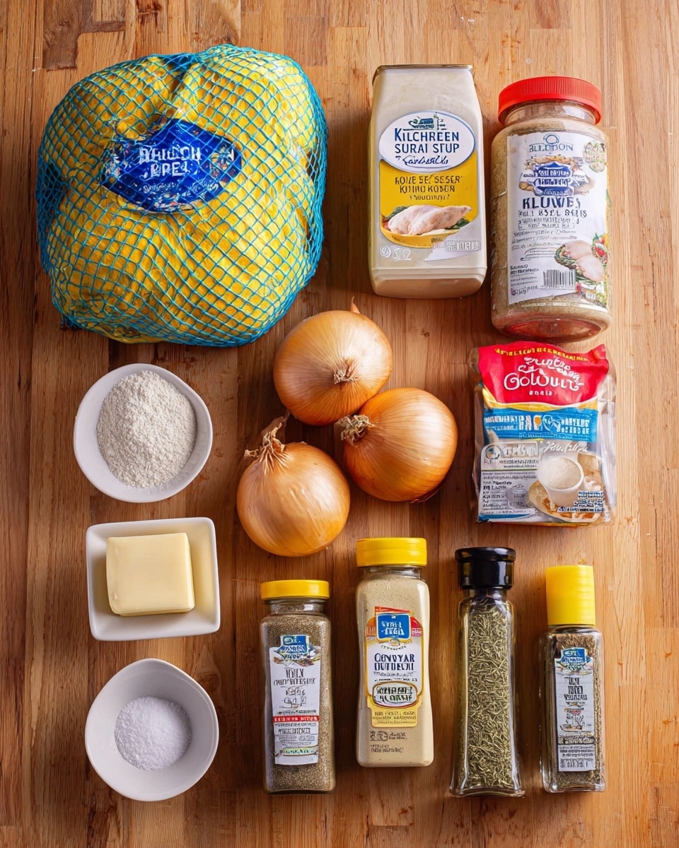 The image shows a group of cooking ingredients laid out on a wooden surface. On the left, there is a wrapped turkey in yellow and blue netting with a blue label. Next to it is a carton of Kitchen Basics unsalted chicken stock in yellow, white, and blue colors. Below the carton are two onions with brown skin. Above the onions are a container of garlic powder with a white lid and label, a red-lidded container of parsley flakes, and a yellow rectangular block of unsalted butter. Below the butter are bottles of crushed rosemary, thyme leaves, and ground sage in clear containers with labels. Below the onions on the left are two small white dishes, one with white flour and the other divided into white salt and black pepper. The layout is neat and organized, with all items clearly visible. photo taken with an iphone --ar 4:5 --v 7