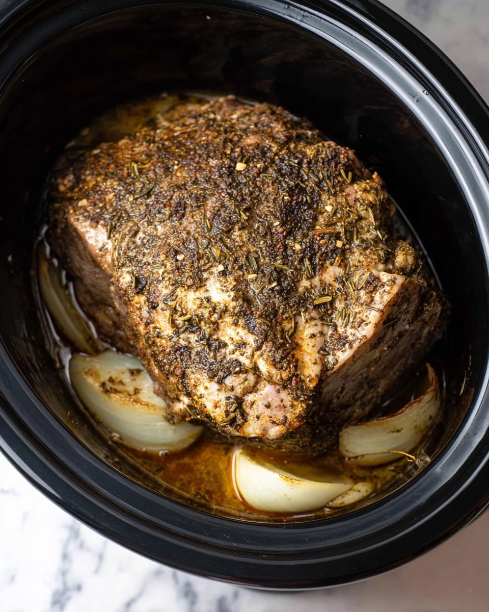 A large cooked piece of meat covered with a dark, coarse herb and pepper rub sits in a black slow cooker bowl, resting on a few slices of yellowish-brown cooked onions that curve around the meat edges. The surface of the meat is textured with visible seasoning and slight browning, while the slow cooker’s smooth glossy black interior contrasts with the food. The scene is set on a white marbled surface. photo taken with an iphone --ar 4:5 --v 7
