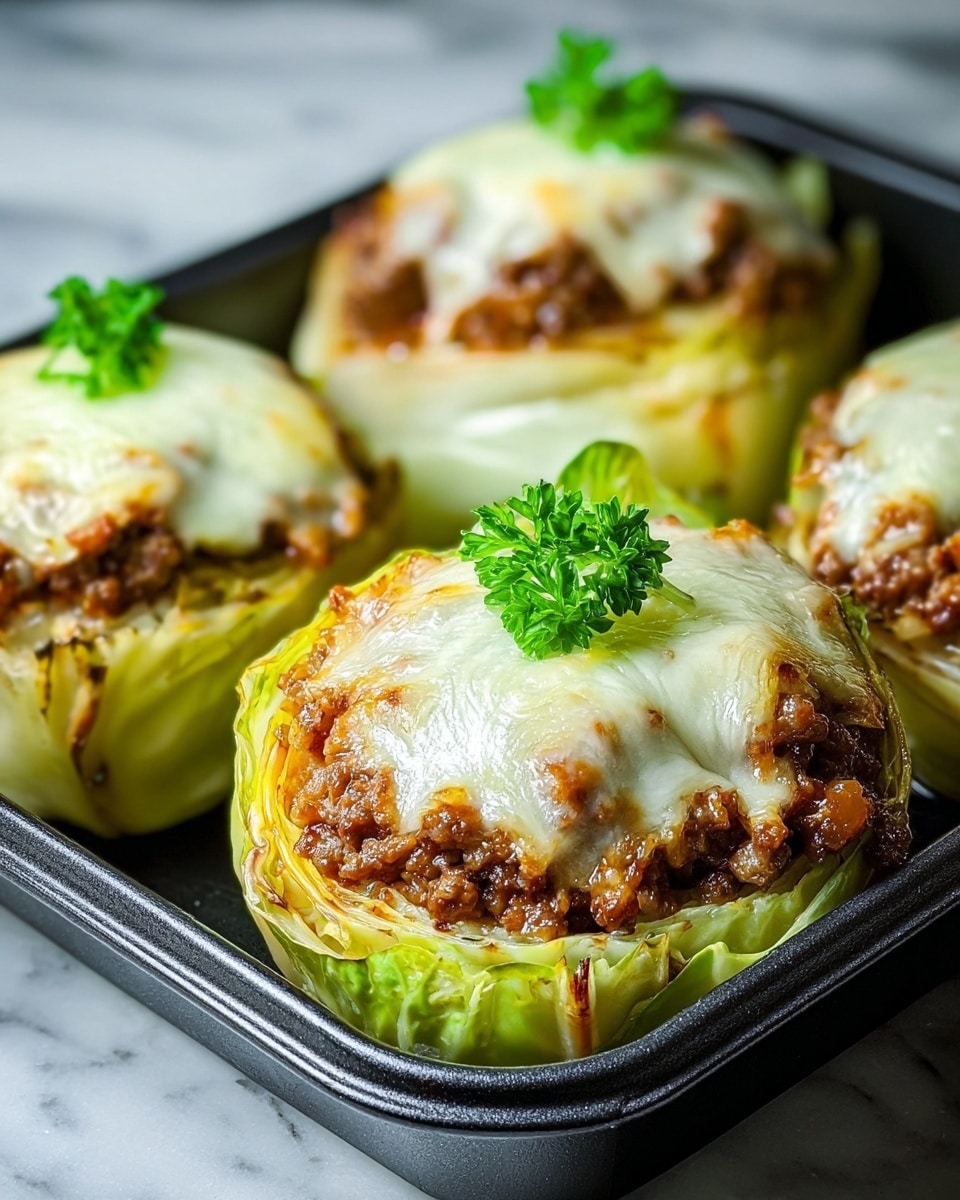 The image shows three cabbage cups in a black baking tray, each with three layers: at the bottom there are tender light green cabbage leaves softened and slightly browned at the edges, in the middle a thick layer of well-cooked ground meat with a rich dark brown color, and on top a layer of melted white cheese with a smooth, shiny texture that covers the meat entirely, each cup garnished with a small green parsley sprig on top. The tray is placed on a white marbled surface. photo taken with an iphone --ar 4:5 --v 7
