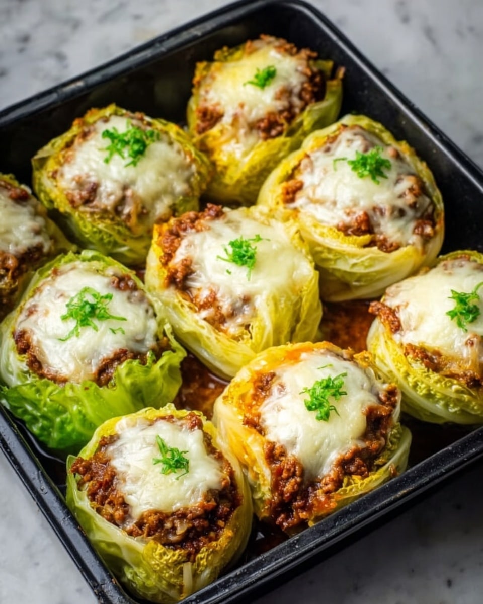The image shows six stuffed cabbage rolls in a black baking tray. Each roll has a base layer of pale green cabbage leaves wrapped around a filling of browned, crumbly cooked meat. On top of the meat, there is a thick layer of melted white cheese that looks soft and smooth, with a small sprinkle of chopped green herbs placed in the center of each roll. The tray sits on a white marbled surface. photo taken with an iphone --ar 4:5 --v 7