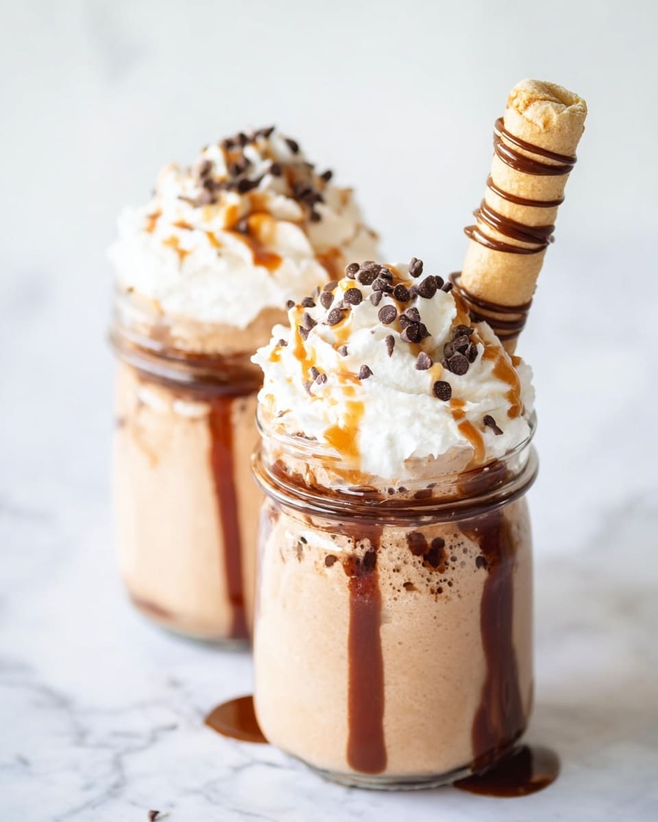 The image shows two glass jars filled with a creamy light brown drink, with chocolate syrup dripping down the sides inside and outside of the jars. On top of each drink is a thick layer of white whipped cream, drizzled with caramel sauce and sprinkled with small dark chocolate chips. A cylindrical wafer stick with light brown and dark brown stripes is placed vertically in the right jar's whipped cream. The jars sit on a white marbled surface. photo taken with an iphone --ar 4:5 --v 7
