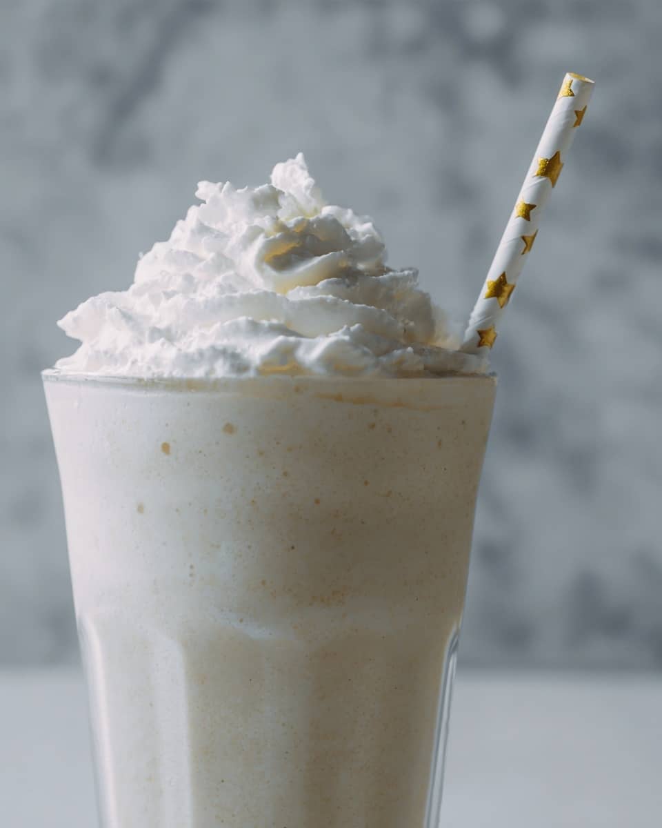 A close-up image of a glass filled with whipped cream, showing multiple fluffy white layers with soft peaks and swirls on top. A white striped straw is inserted into the whipped cream near the edge of the glass. In the background, there is a white plate with two dollops of whipped cream, all set on a white marbled surface. The textures are smooth and creamy, highlighting the lightness of the whipped cream. photo taken with an iphone --ar 4:5 --v 7