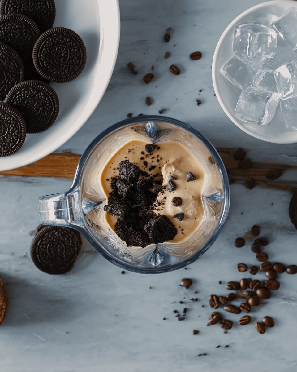 A clear blender jar sits on a white marbled surface, containing a small amount of light brown liquid layered with dark brown, crumbled cookie pieces and small chocolate chips scattered on top, showing a mix of smooth and rough textures. To the left, a white plate with several whole dark brown sandwich cookies is partially visible. To the right, a white bowl filled with ice cubes is seen, with coffee beans scattered around the scene on the white marbled surface. photo taken with an iphone --ar 4:5 --v 7