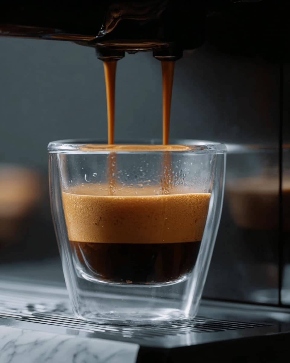 A clear glass cup positioned on a coffee machine platform shows two streams of dark brown coffee flowing from the machine's spouts into the cup. Inside the cup, the coffee forms a rich dark brown base layer topped by a thinner, light brown frothy layer. The background is dark and blurred, with the surface beneath the cup changed to a white marbled texture. photo taken with an iphone --ar 4:5 --v 7