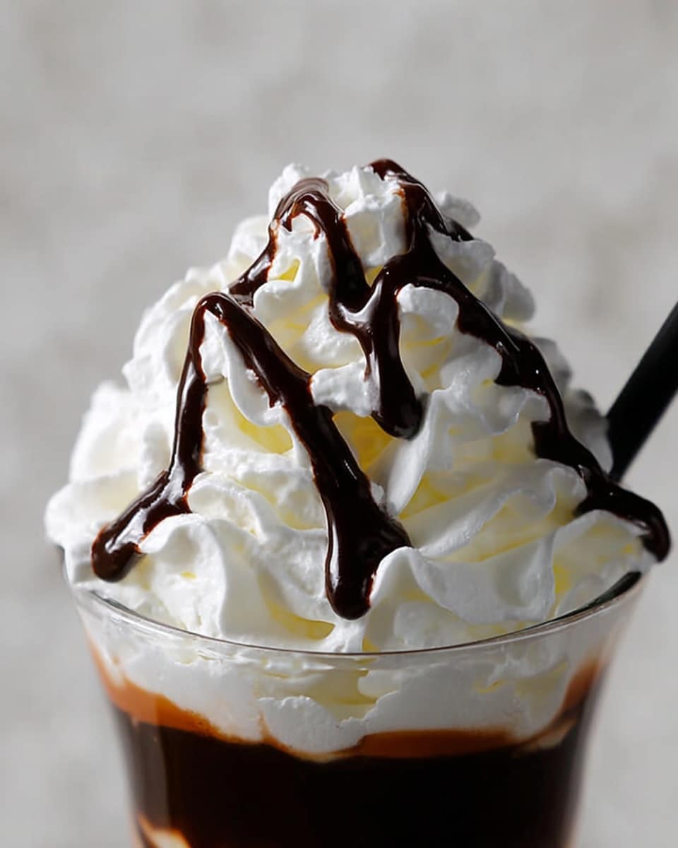 A close-up view of a single clear glass cup filled with whipped cream piled high in soft, fluffy peaks, topped with a thick drizzle of shiny dark chocolate sauce forming a wavy line near the top of the whipped cream. The glass edge is slightly visible, and part of a black straw follows the chocolate sauce upwards in the background. The whole scene sits on a white marbled texture. photo taken with an iphone --ar 4:5 --v 7