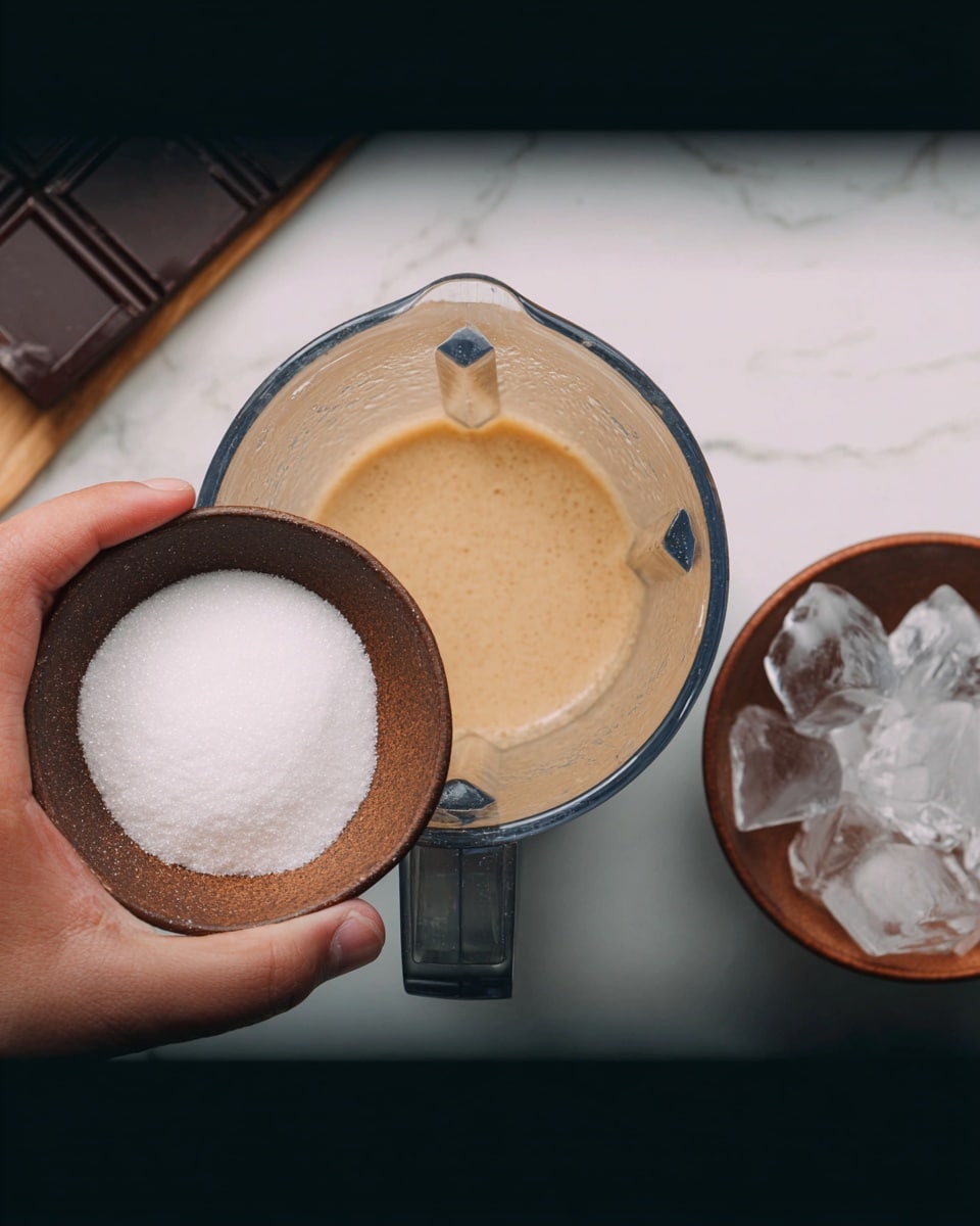 A woman's hand is holding a small brown bowl filled with white sugar above a blender that contains a light brown foamy liquid. To the right, there is another small brown bowl filled with clear ice cubes. The setting is on a white marbled textured surface, and in the top left corner, some dark chocolate bars are partially visible. Photo taken with an iphone --ar 4:5 --v 7