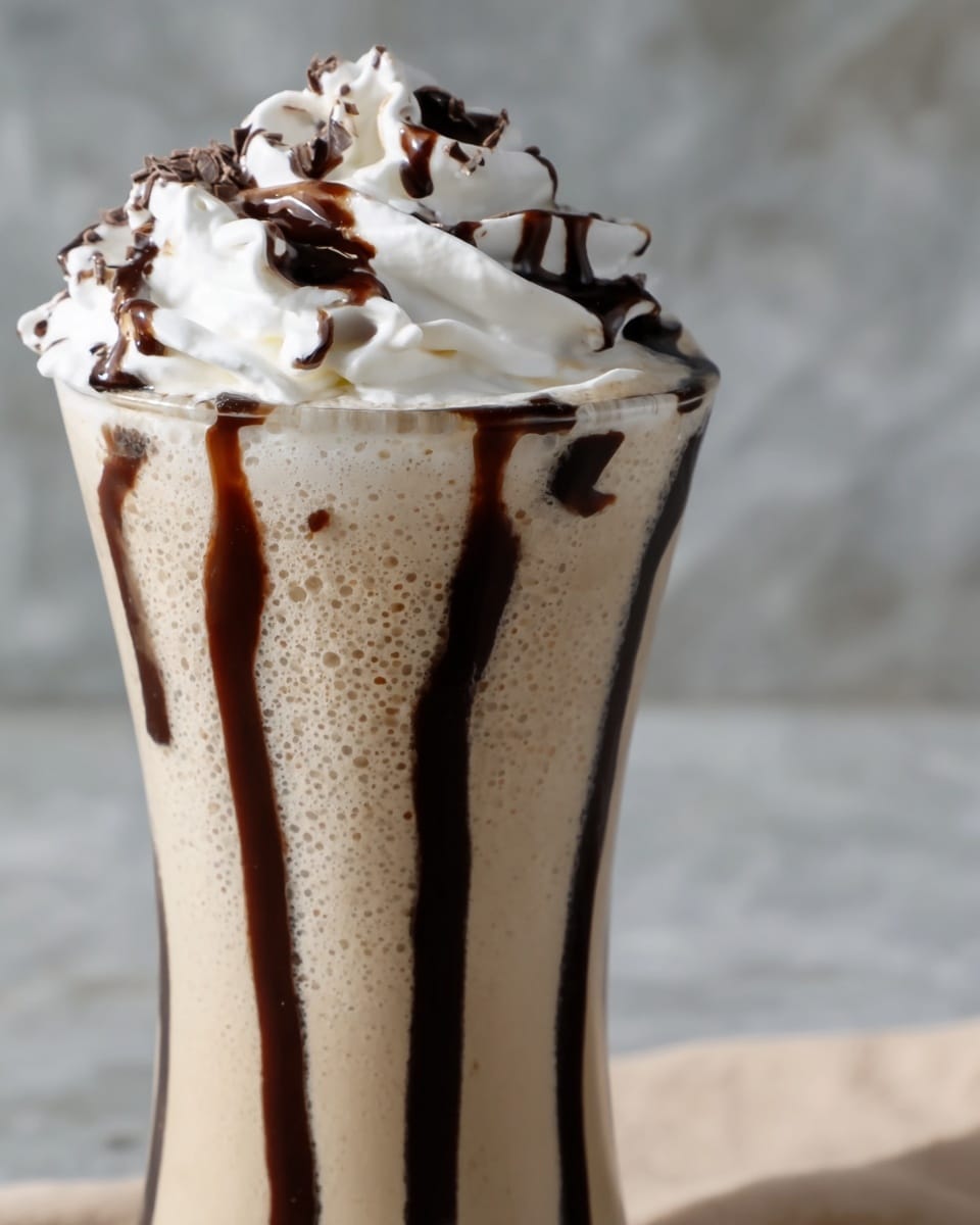 A tall clear glass filled with a light beige creamy drink, showing bubbly texture on the surface. Dark chocolate syrup is drizzled inside the glass, creating vertical streaks down the sides. On top, there is a large swirl of white whipped cream, generously drizzled with more dark chocolate syrup that runs down in thick lines. The background has a white marbled texture. photo taken with an iphone --ar 4:5 --v 7