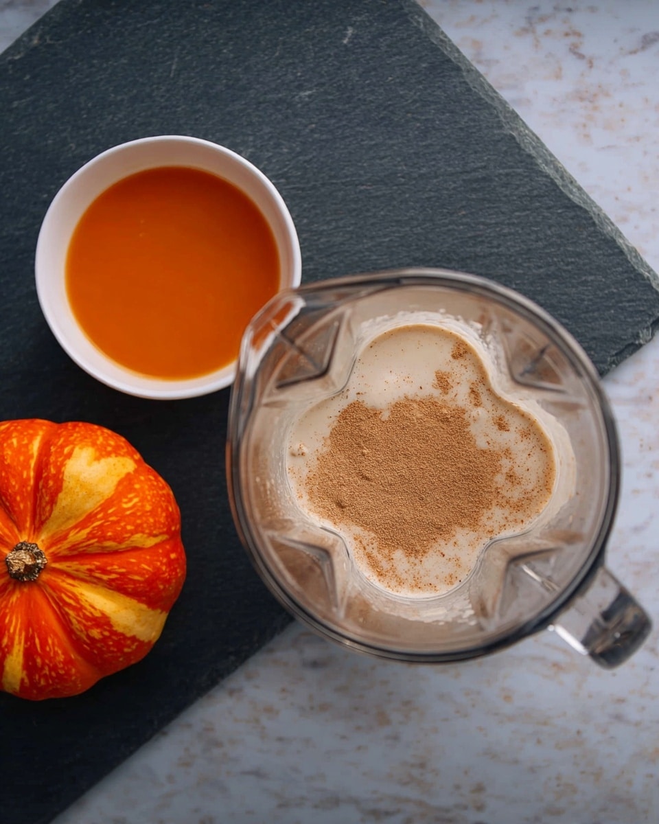 A clear glass blender jar is shown from above, holding a small amount of creamy white liquid at the bottom sprinkled with light brown powder. To the left of the blender, there is a small white bowl filled with a thick orange liquid. Above the bowl, a whole small pumpkin with bright orange and yellow tones sits on a dark slate surface. The entire scene is set on a white marbled texture. photo taken with an iphone --ar 4:5 --v 7