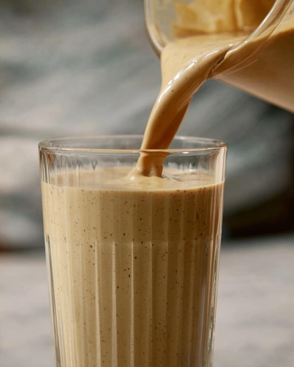 A tall clear glass filled almost to the top with a thick, creamy beige smoothie that has small dark specks throughout. The smoothie is being poured gently in a smooth stream from a clear container into the glass. The focus is on the texture and motion of the creamy liquid as it settles, with the glass showing vertical ridges and a shiny surface. The background is softly blurred with a white marbled texture beneath. photo taken with an iphone --ar 4:5 --v 7