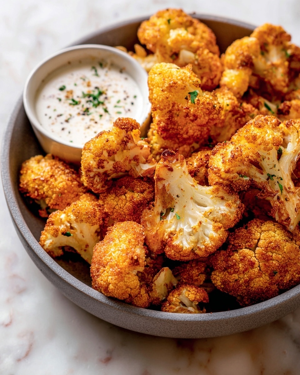 The image shows a gray bowl filled with golden brown roasted cauliflower florets, which are crispy and covered with a slightly textured seasoning. The cauliflower pieces are arranged in layers, with some white cauliflower parts visible inside the crispy outer coating. Next to the florets in the bowl is a small white sauce dish containing a creamy, white dipping sauce topped with small black pepper specks and green herbs. The bowl sits on a surface with a white marbled texture. photo taken with an iphone --ar 4:5 --v 7