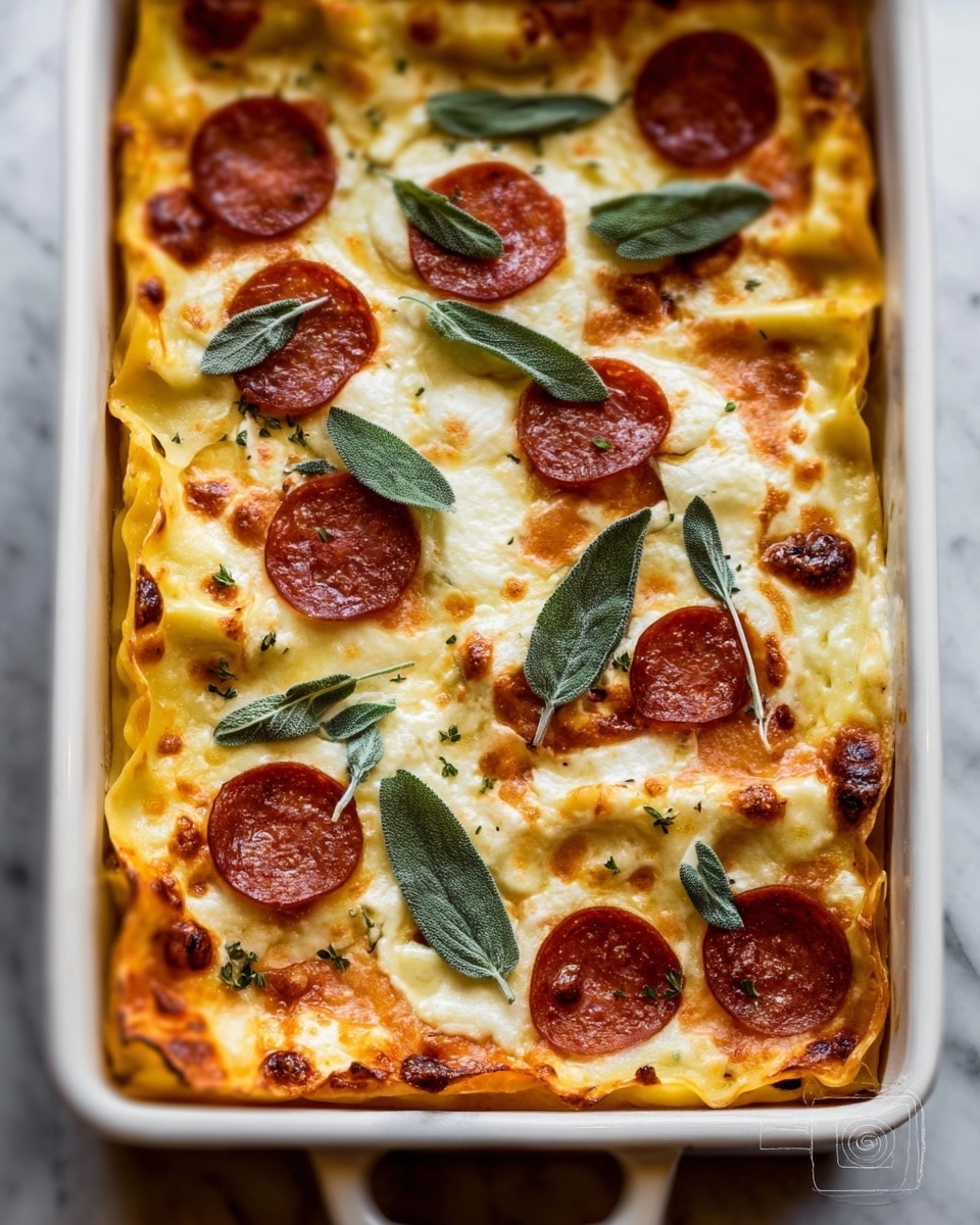 A white rectangular baking dish filled with layered lasagna shows a rich mix of golden yellow pasta sheets, melted creamy white cheese, and scattered round slices of red pepperoni on top. Bright green sage leaves are spread evenly across the surface, adding contrast to the warm colors. The edges of the lasagna are slightly browned, giving a toasted look. The white marbled surface beneath adds a clean and bright feel to the setting. photo taken with an iphone --ar 4:5 --v 7