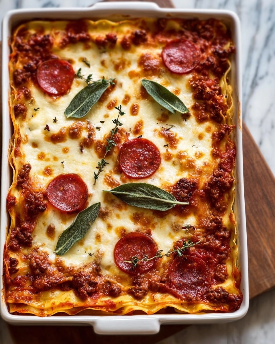 A rectangular white baking dish filled with a four-layer lasagna, showing flat pasta sheets stacked with rich red tomato sauce and a layer of cooked ground meat in between. The top layer is covered with melted golden-brown cheese with small browned spots and is decorated with five whole slices of pepperoni and three large green sage leaves sprinkled with tiny green thyme leaves. The edges of the pasta are slightly browned and curled. The dish sits on a wooden surface with a white marbled texture background. Photo taken with an iphone --ar 4:5 --v 7
