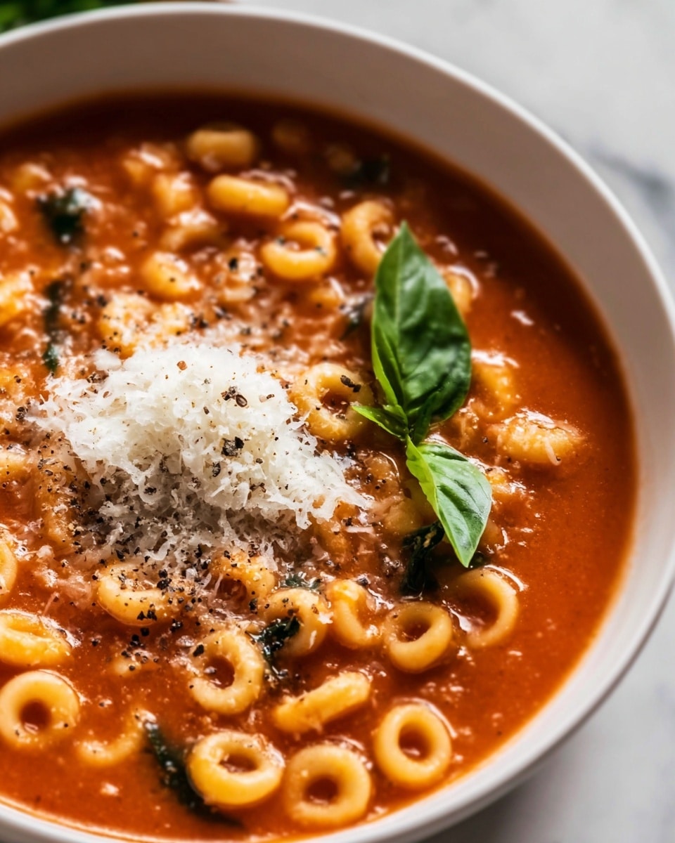A close-up view of a white bowl filled with a tomato-based pasta soup, showing small ring-shaped pasta floating in a thick, red-orange broth. There are bits of dark green herbs mixed in the soup. On top, a mound of finely grated white cheese is placed off-center, sprinkled with black pepper. A fresh green basil leaf rests near the cheese, adding a touch of bright contrast. The bowl sits on a white marbled surface. Photo taken with an iphone --ar 4:5 --v 7