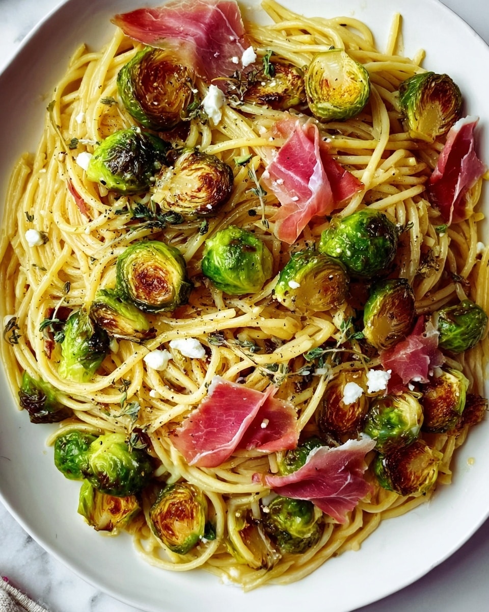 The image shows a white plate filled with spaghetti pasta mixed with roasted Brussels sprouts that are golden brown on the flat sides and bright green on the round parts, scattered throughout the dish. The spaghetti is light yellow and slightly glossy, with some small white cheese crumbles visible between the noodles and sprouts. Thin slices of pink prosciutto are placed on top and around the spaghetti, adding touch of red color. The dish looks seasoned with finely chopped herbs and a sprinkle of black pepper, all on a white marbled surface. Photo taken with an iphone --ar 4:5 --v 7