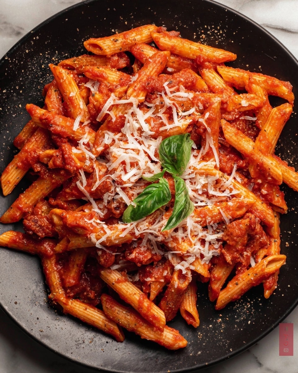A close-up of a black plate filled with penne pasta covered in thick red tomato sauce with bits of meat, topped with finely shredded white cheese scattered mostly in the center and a few fresh green basil leaves placed on top. The pasta is coated evenly in sauce with some pieces showing ridged texture, and a bit of black pepper is visible sprinkled around. The plate sits on a white marbled surface. Photo taken with an iphone --ar 4:5 --v 7