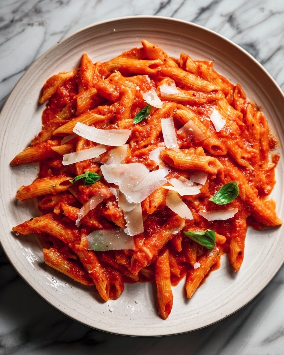 A white plate holds a serving of penne pasta coated in a thick, bright red tomato sauce, with the pasta arranged in a scattered, slightly piled manner. Small green basil leaves are scattered throughout the dish, adding spots of fresh green color. On top, there are thin shavings of white cheese grated evenly, contrasting against the red sauce and orange pasta. The plate sits on a white marbled surface. photo taken with an iphone --ar 4:5 --v 7