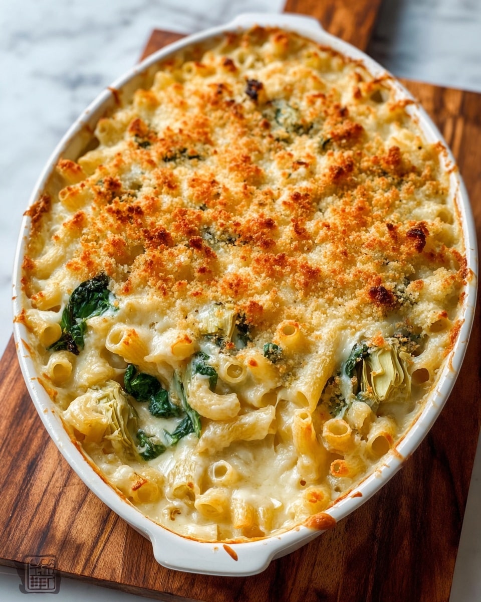 The dish is a baked pasta casserole in a white oval ceramic baking dish placed on a wooden board with a white marbled surface underneath. The top layer is golden and crispy breadcrumb topping with a slightly darker browned edge. Below the crust is a creamy cheese sauce with small golden macaroni pasta tubes scattered throughout. There are bright green spinach leaves and artichoke heart pieces visible within the sauce and pasta, adding color contrast. The sauce looks smooth and rich, with some browned spots near the edges. The edges of the dish show a slight bubbling and browning of the cheese. photo taken with an iphone --ar 4:5 --v 7